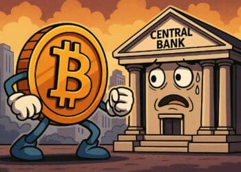 Cartoon van een strijdlustige Bitcoin tegenover een angstige centrale bank in een stadslandschap, symbool voor de confrontatie tussen crypto en traditionele financiële instellingen.