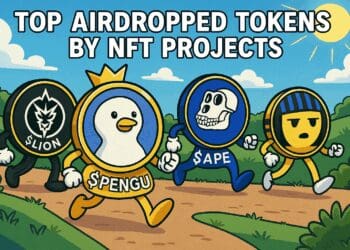 Cartoonillustratie van $PENGU, $LION, $APE en $CULT tokens die samen marcheren, symbool voor top airdropped tokens door NFT-projecten.
