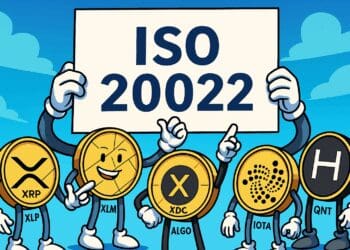 Cartoon van bekende crypto coins (XRP, XLM, XDC, ALGO, IOTA, QNT, HBAR) die samen een bord vasthouden met ISO 20022 erop