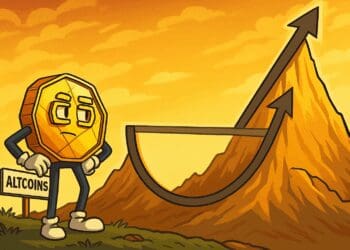 Karikatuur van een gouden munt in pak die een cup-and-handle-patroon op een berggrafiek observeert, symbool voor een altcoinrally