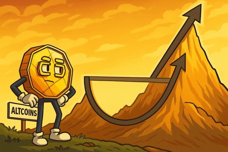 Karikatuur van een gouden munt in pak die een cup-and-handle-patroon op een berggrafiek observeert, symbool voor een altcoinrally
