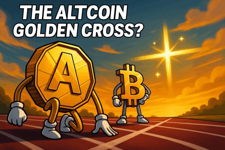 Cartoon van een altcoin en bitcoin als sporters op een atletiekbaan met een gouden kruis in de lucht bij zonsondergang, symbolisch voor een mogelijke altseason.