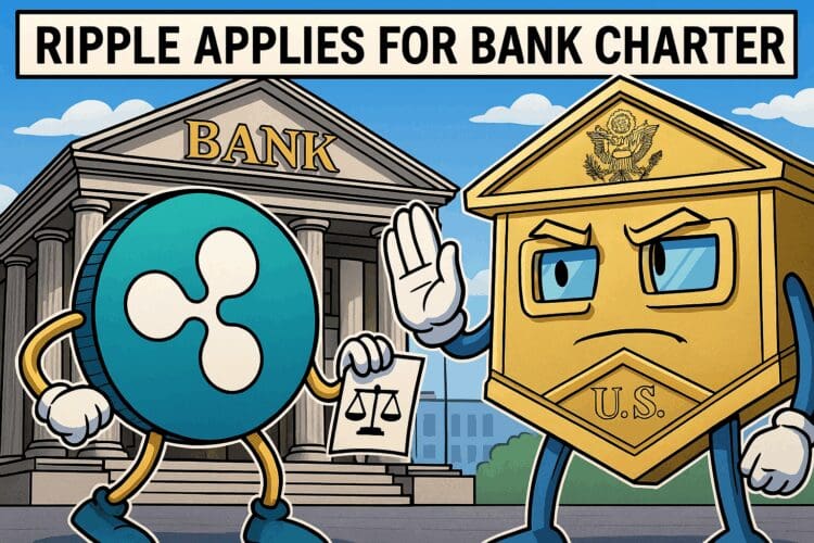 Karikatuur van Ripple’s XRP-logo dat een bankvergunning probeert aan te vragen bij een personificatie van een Amerikaanse overheidsbank.