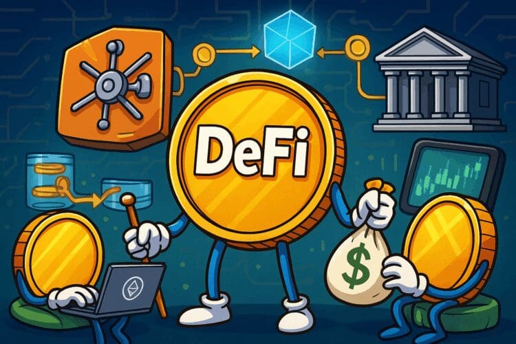 Een kleurrijke karikatuur waarin gouden munten met armen en benen verschillende financiële activiteiten uitvoeren rond een grote munt met het woord "DeFi", omgeven door symbolen zoals een kluis, blockchain en een bankgebouw, met een levendige blauwe achtergrond vol circuitlijnen.
