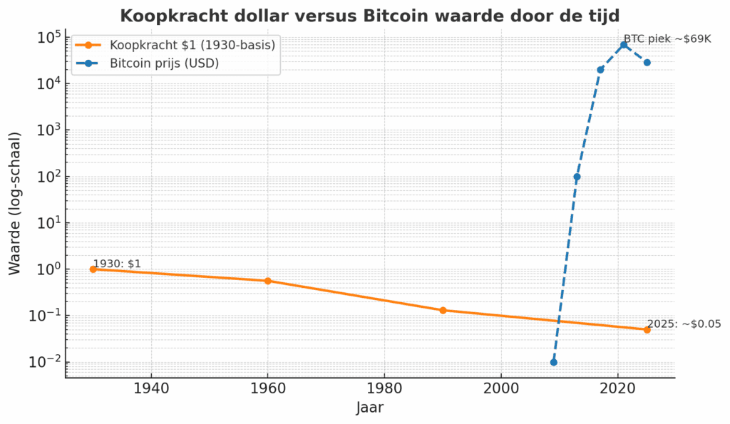 Logaritmische lijn­grafiek die de daling van de koopkracht van de dollar sinds 1930 vergelijkt met de stijgende waarde van Bitcoin sinds 2009.