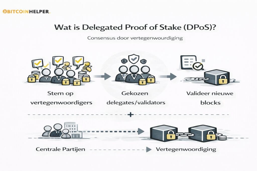 Zwart-witte landscape infographic van Bitcoinhelper die uitlegt wat Delegated Proof of Stake (DPoS) is, met een visuele uitleg van stemmen door tokenhouders, de selectie van delegates of validators en het produceren van nieuwe blocks, waarbij consensus wordt bereikt via vertegenwoordiging en governance in plaats van directe deelname van alle netwerkdeelnemers.