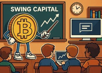 Cartoon van een Bitcoin-personage dat lesgeeft aan studenten in een crypto-klaslokaal met Swing Capital op het bord.