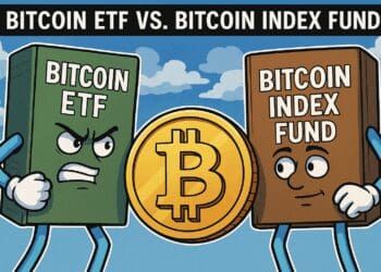 Cartoon van een boze Bitcoin ETF en een kalme Bitcoin indexfonds die tegenover elkaar staan met een grote gouden Bitcoin-munt tussen hen in, in crypto karikatuurstijl.