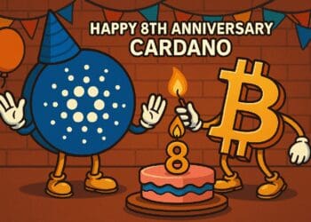 Cartoonillustratie van Cardano en Bitcoin die samen een 8e verjaardagstaart vieren in feestelijke crypto-stijl.