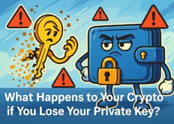 Cartoonachtige crypto-illustratie van een gouden sleutel die uiteenvalt in pixels naast een vergrendelde blauwe wallet met waarschuwingssymbolen, symbool voor het onomkeerbare verlies van toegang bij het kwijtraken van een privésleutel.