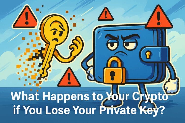 Cartoonachtige crypto-illustratie van een gouden sleutel die uiteenvalt in pixels naast een vergrendelde blauwe wallet met waarschuwingssymbolen, symbool voor het onomkeerbare verlies van toegang bij het kwijtraken van een privésleutel.