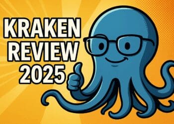 Karikatuur van Kraken octopus met bril en duim omhoog naast tekst “Kraken Review 2025” op kleurrijke achtergrond in crypto cartoonstijl.