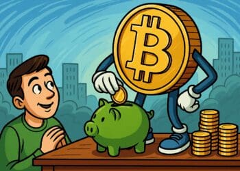 Cartoon van Bitcoin-munt die een satoshi in een spaarvarken stopt terwijl iemand blij toekijkt, symbool voor stacking sats.
