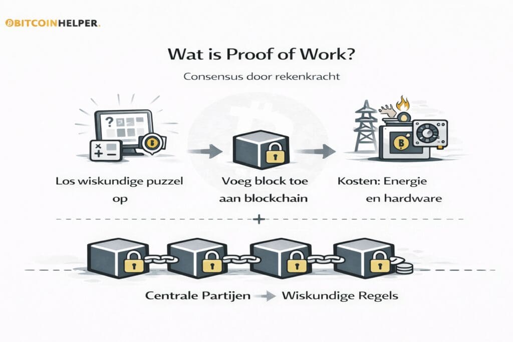 Zwart-witte landscape infographic van Bitcoinhelper die uitlegt wat Proof of Work is, met een visuele uitleg van het oplossen van wiskundige puzzels, het toevoegen van blocks aan de blockchain en de rol van energie- en hardwarekosten bij het beveiligen van een gedecentraliseerd netwerk zonder centraal vertrouwen.