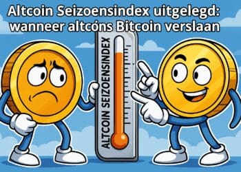 Cartoonillustratie van Bitcoin en een altcoin die samen een thermometer vasthouden met de tekst Altcoin Seizoensindex