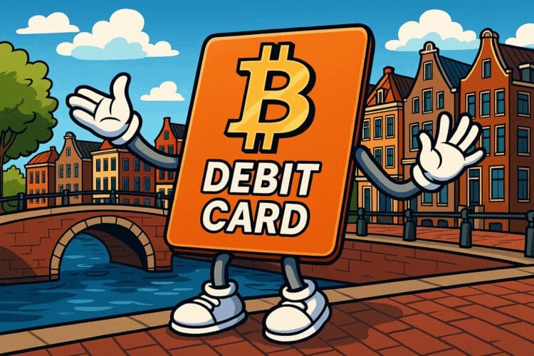 Cartoon van een bitcoin debit card die vrolijk staat bij een Amsterdamse gracht, symbool voor crypto betalen in Nederland.