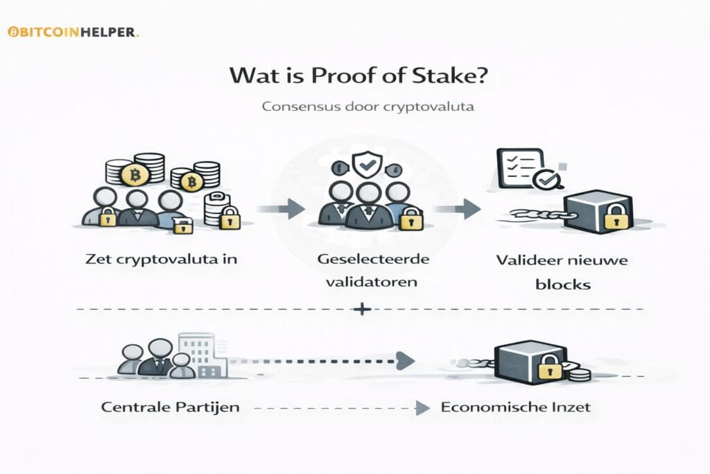 Zwart-witte landscape infographic van Bitcoinhelper die uitlegt wat Proof of Stake is, met een visuele uitleg van het vastzetten van cryptovaluta (staking), de selectie van validators en het valideren van nieuwe blocks, waarbij consensus wordt bereikt op basis van economische inzet in plaats van rekenkracht.