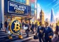 Cartoonachtige illustratie van een Bitcoin-figuur en zakelijke bezoekers voor de ingang van het Digital Assets Forum 2026 in Londen, met Big Ben en The Shard op de achtergrond.