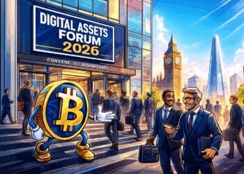 Cartoonachtige illustratie van een Bitcoin-figuur en zakelijke bezoekers voor de ingang van het Digital Assets Forum 2026 in Londen, met Big Ben en The Shard op de achtergrond.
