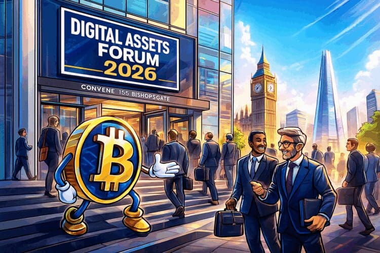 Cartoonachtige illustratie van een Bitcoin-figuur en zakelijke bezoekers voor de ingang van het Digital Assets Forum 2026 in Londen, met Big Ben en The Shard op de achtergrond.