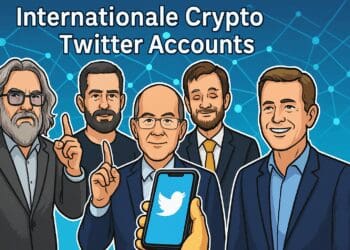 Illustratie in Cointelegraph-stijl van internationale crypto-experts die verbonden zijn via blockchainlijnen rond een smartphone met het Twitter-logo.