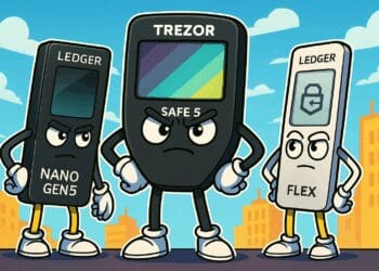 Cartoonachtige illustratie van drie hardware wallets – Ledger Nano Gen5, Trezor Safe 5 en Ledger Flex – afgebeeld als stripfiguren met digitale schilden en blockchain-achtergrond.