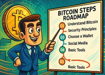 Illustratie in Cointelegraph-stijl van een gids die een Bitcoin stappenplan uitlegt met een grote Bitcoin-munt op de achtergrond en een dynamische crypto-omgeving.