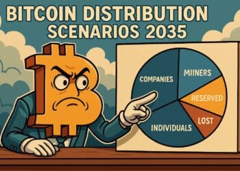 Illustratie in Cointelegraph-stijl met een karikaturale Bitcoin-figuur die wijst naar een cirkeldiagram over toekomstige Bitcoin-distributiescenario’s richting 2035.