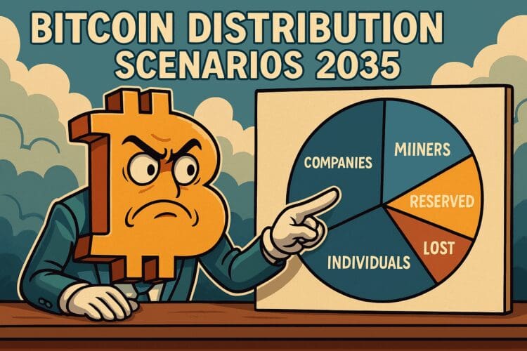 Illustratie in Cointelegraph-stijl met een karikaturale Bitcoin-figuur die wijst naar een cirkeldiagram over toekomstige Bitcoin-distributiescenario’s richting 2035.