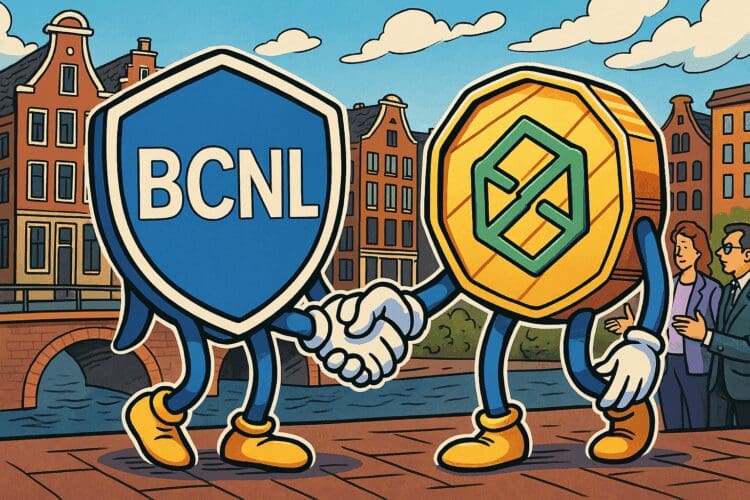 Cartoonachtige crypto-illustratie van de BCNL Foundation die handen schudt met een blockchain-token in een Amsterdamse setting, symbool voor samenwerking binnen het Nederlandse blockchain-ecosysteem.