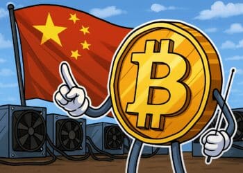 Cartoonillustratie van Bitcoin met mining machines en een nationale vlag die de concentratie van bitcoin hashrate in één land symboliseert.