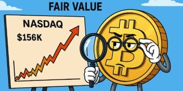 Cartoonachtige illustratie van een Bitcoin-munt met bril die een stijgende Nasdaq-grafiek bekijkt met een pijl naar $156.000.