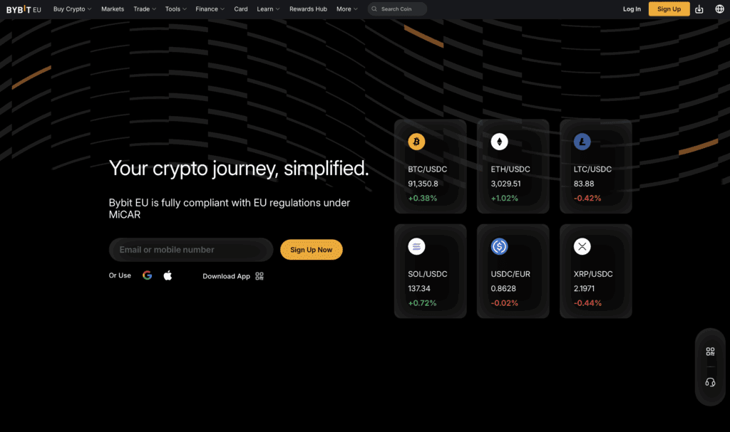 Homepage van Bybit EU met overzicht van populaire cryptoparen zoals BTC, ETH en SOL en de knop om een account aan te maken.