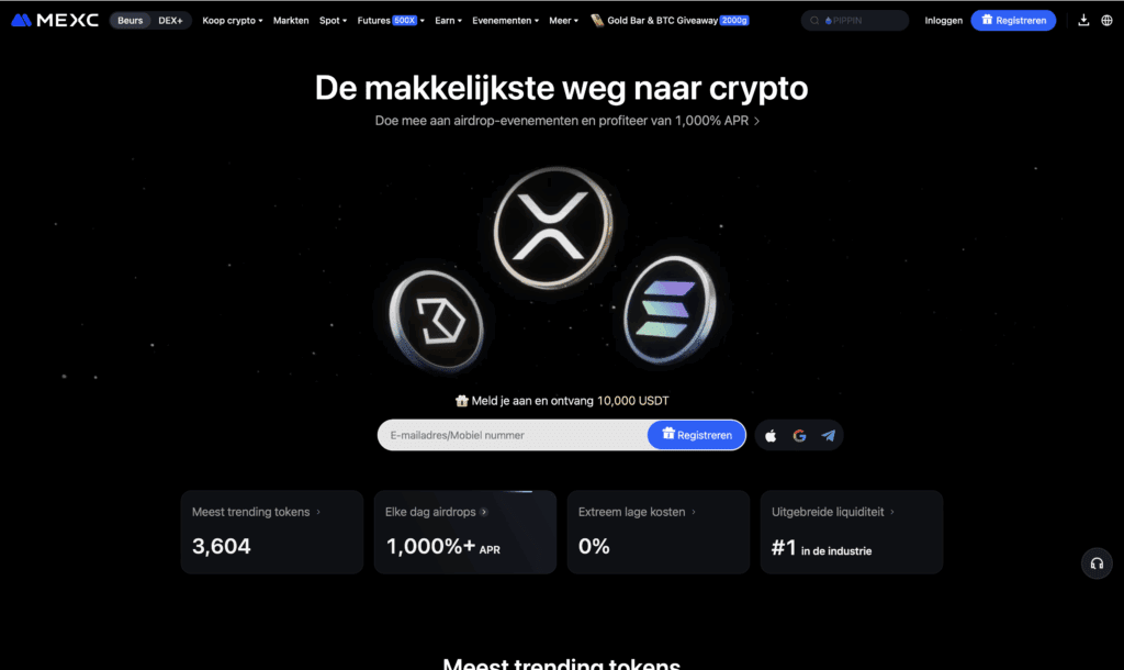 Startpagina van MEXC met registratieformulier, airdrop-promoties en populaire cryptomunten zoals XRP, Solana en Polygon.