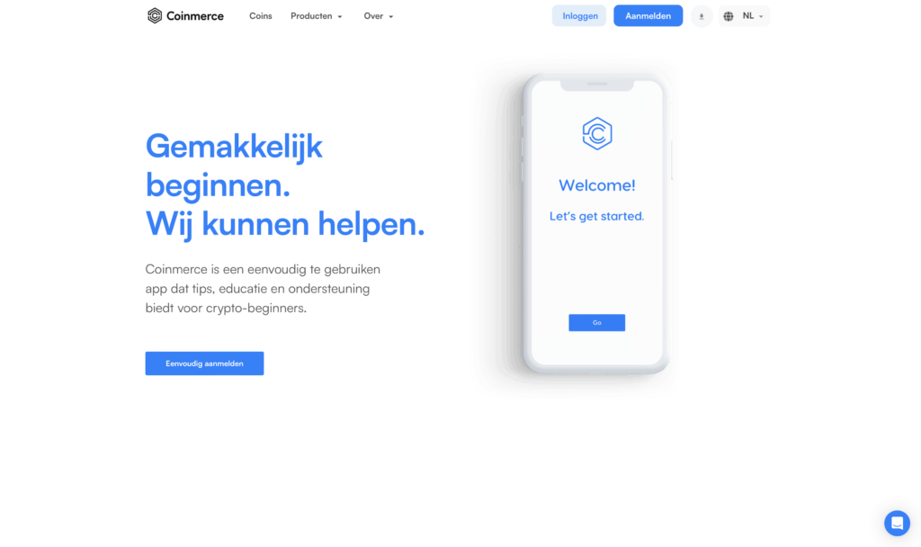 Startpagina van Coinmerce met de tekst ‘Gemakkelijk beginnen’, uitleg over de beginnersapp en een voorbeeld van het app-welkomstscherm.