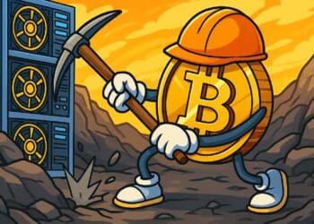 Een kleurrijke crypto-karikatuur waarin een Bitcoin-munt met armen, benen en een oranje helm een houweel gebruikt om te minen in een digitale serveromgeving