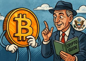 Karikatuur van een Bitcoin die uitleg krijgt van een overheidsfunctionaris over het veilig bewaren van crypto en wallets
