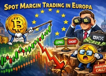 Crypto karikatuur van spot margin trading in Europa met Bitcoin, hefboomwerking, long en short posities en Europese symbolen.