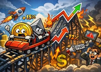 Crypto karikatuur van bitcoin en ethereum in een achtbaan die sterke koersschommelingen in de volatiele cryptomarkt verbeeldt