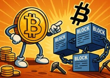 Cartoonachtige illustratie van een Bitcoin-personage dat naar blokken met kettingen wijst, symbool voor de werking van de Bitcoin blockchain.
