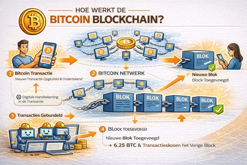 Landscape infographic met een schematische uitleg van hoe een Bitcoin-transactie wordt verwerkt, door het netwerk gaat en als block aan de blockchain wordt toegevoegd.