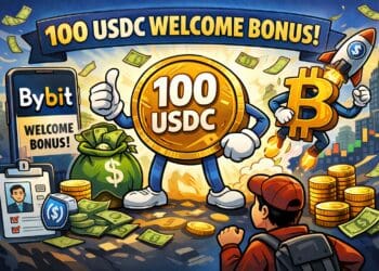 Crypto karikatuur die de Bybit welkomstbonus van 100 USDC toont met munten, Bitcoin-figuur en startende trader.