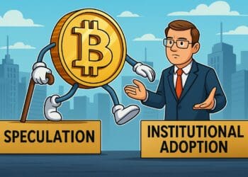 Cartoon van een personificatie van Bitcoin die van een blok met het woord speculatie naar een blok met institutionele adoptie stapt, begeleid door een zakenman in een stedelijke omgeving.