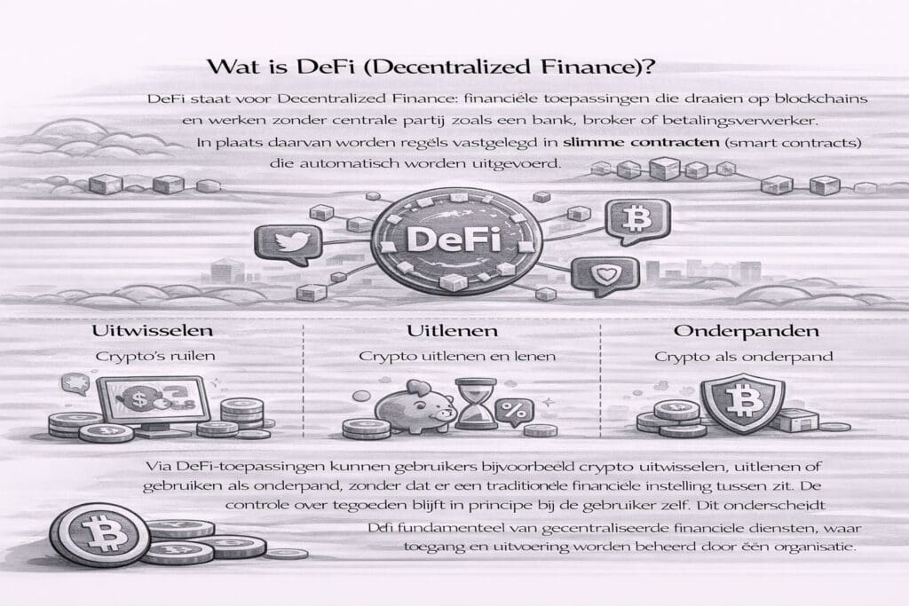 Zwart-witte landscape infographic die uitlegt wat DeFi is, met focus op financiële toepassingen op blockchains zonder centrale partij, gebaseerd op smart contracts en zelfbeheer van tegoeden.