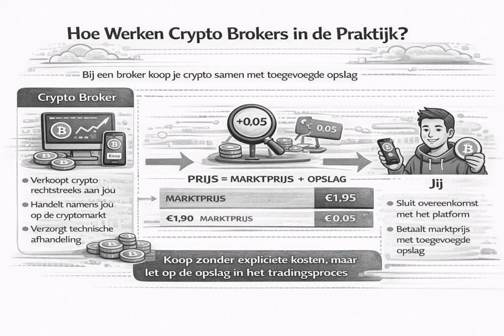 Zwart-witte landscape infographic die uitlegt hoe crypto brokers werken, waarbij de broker als tegenpartij optreedt en kosten zijn verwerkt via spread en opslag in de prijs.
