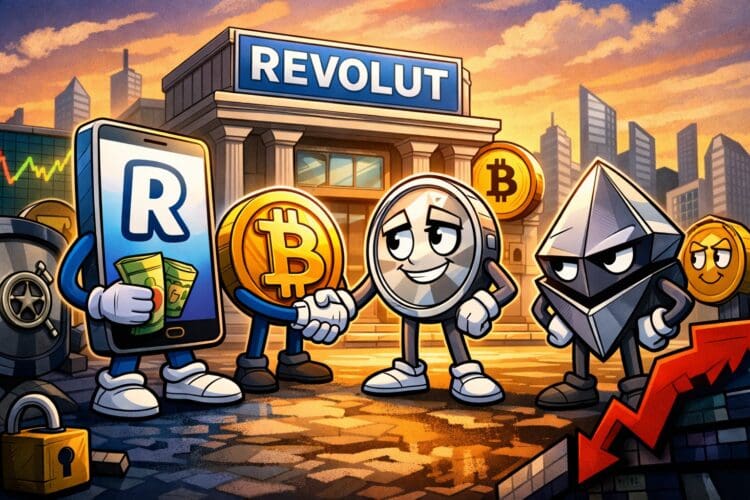 Crypto karikatuur van Revolut als crypto broker met bitcoin en ethereum, illustratie bij een Revolut crypto review over veiligheid en gebruiksgemak