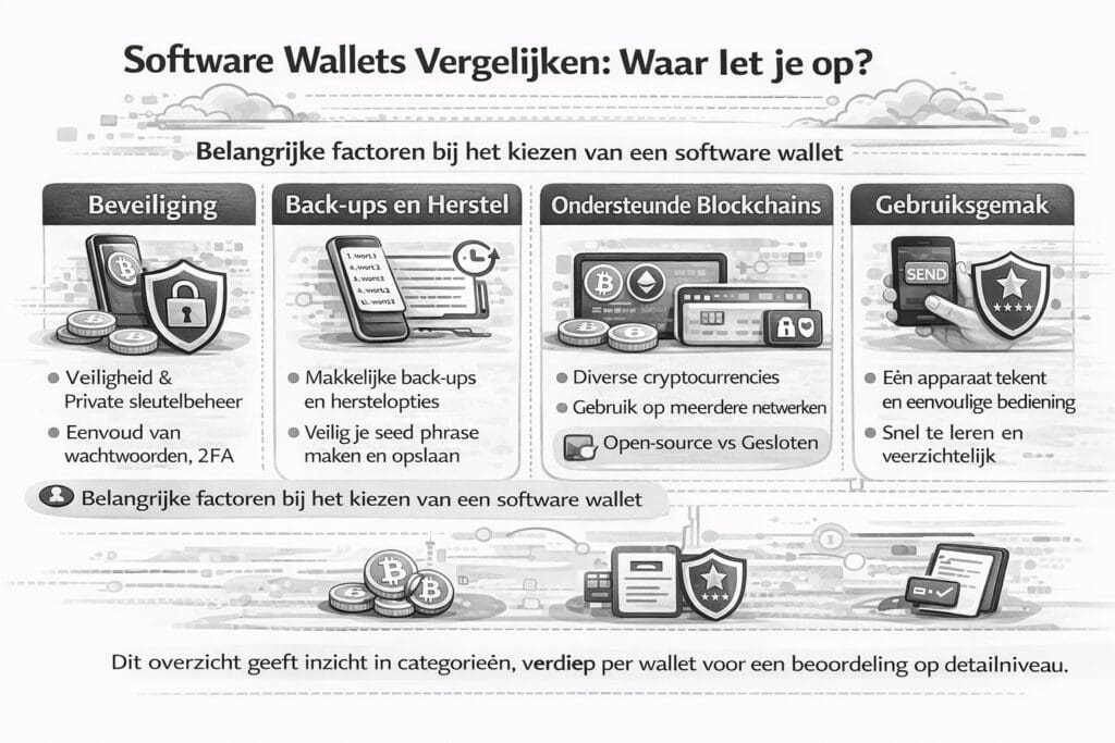 Zwart-witte landscape infographic met belangrijke aandachtspunten bij het vergelijken van software wallets, zoals beveiliging, back-ups en herstel, ondersteunde blockchains, gebruiksgemak en open-source status.