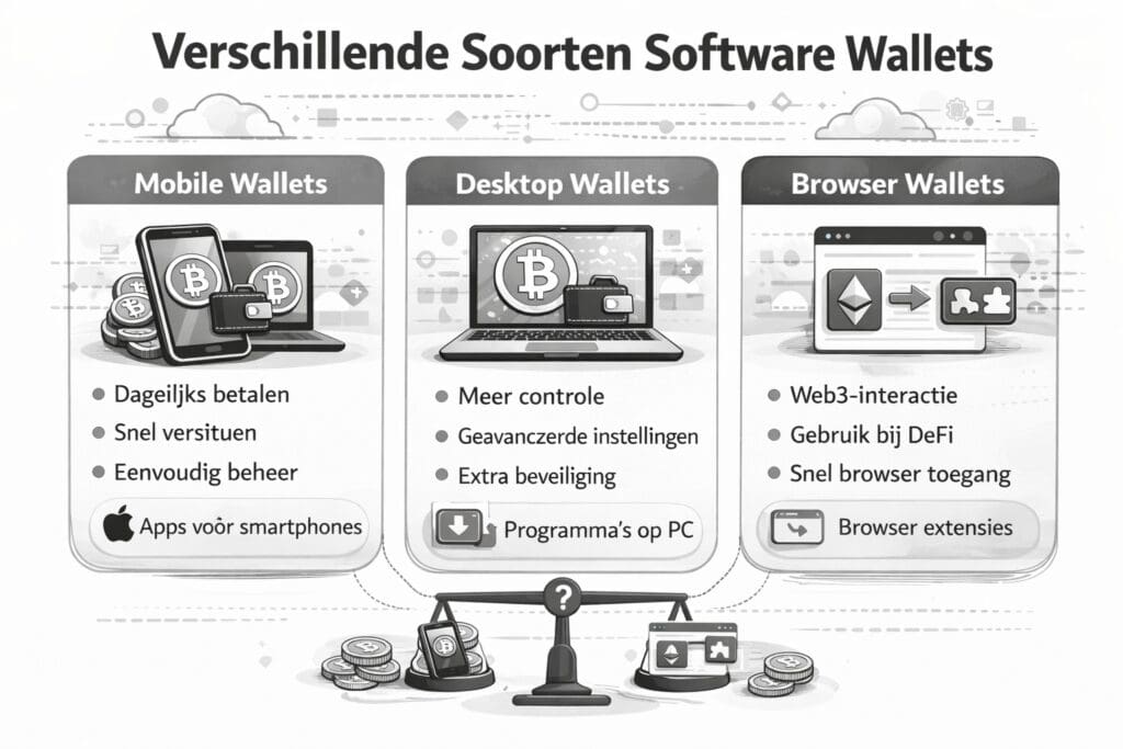 Zwart-witte landscape infographic met verschillende soorten software wallets: mobiele wallets, desktop wallets en browser wallets met hun belangrijkste gebruiksscenario’s.
