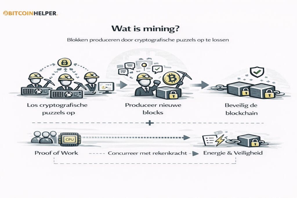 Zwart-witte landscape infographic van Bitcoinhelper die uitlegt wat mining is binnen blockchain, met een visuele uitleg van het oplossen van cryptografische puzzels, het produceren van nieuwe blocks en het beveiligen van de blockchain door inzet van rekenkracht binnen het Proof of Work-consensusmodel.