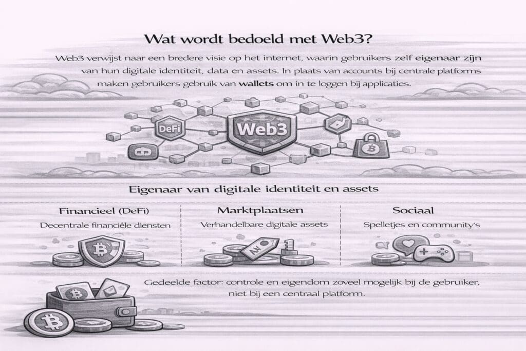 Zwart-witte landscape infographic die uitlegt wat Web3 is, met focus op eigendom van digitale identiteit, data en assets via wallets en het gebruik van decentrale applicaties.